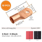 SELTERM 10pcs - 4/0 Awg (XL) 5/16" Stud - Battery Lugs - Ring Terminal Connectors with 12pcs 3:1 Black & Red Heat Shrink Tubing with Adhesive, Heavy Duty Battery Cable Ends - Bare Copper Wire Lugs Kit