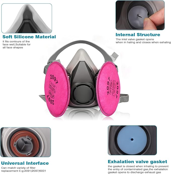 Half Facepiece Reusable Respirator， with 2097 filters Against Dust, Particle, Pollen, Lead Paint & Asbestos,Widely Used in Painting, Cement plant，Decorating Carpentry, Welding, Metal Cutting