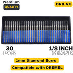 Drilax 30-Piece 1mm Diamond Drill Bits Set – 1/8″ Shank Compatible with Dremel Rotary Tools – Precision Diamond Dremel Bits for Stone, Glass, Ceramic, Sea Glass, Gemstones, Shells & Jewelry Making