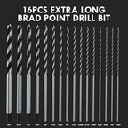 16Pcs Brad Point Wood Drill Bit Set, 12 Inch Extra Long Drill Bit Set with Double Flutes Design for Carpenter Woodworking and All Types of Wood (7/64" - 5/8")