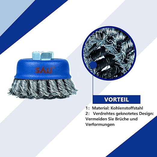 SALI 2 Pack Wire Cup Brush, 3 Inch Twisted Knotted Cup Brush for Grinders, with 5/8-11 Inch Arbor for Heavy Cleaning Rust, Stripping and Abrasive, for Angle Grinder