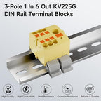 4Pcs KV225G DIN Rail Terminal Blocks, 3-Pole 1 in 6 Out Push-in Wire Connector/Splitter, 690V 24A