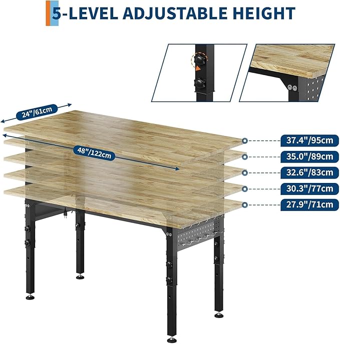 Adjustable Heavy Duty Wood Top Tool Bench Work Bench, 48'' Workbench with Power Outlet, 2000 Lbs Load Capacity Rolling Work Table with Wheels for Home Office Workshop Garage