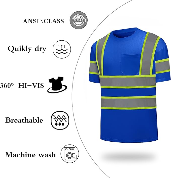 High Visibility Shirts Quick Dry Safety T Shirts with Reflective Strips and Pocket Short Sleeve Mesh Hi Vis Construction Work Class 2 Shirt for Men/Women Blue,3XL