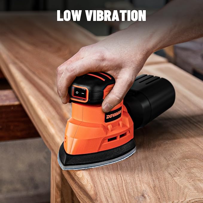 DLS03A Detail Sander, 130W Palm Sander Tool, Dust Collection System, 12PCS Sandpaper, 12000RPM Compact Hand Sander for Wood Steel Surfaces