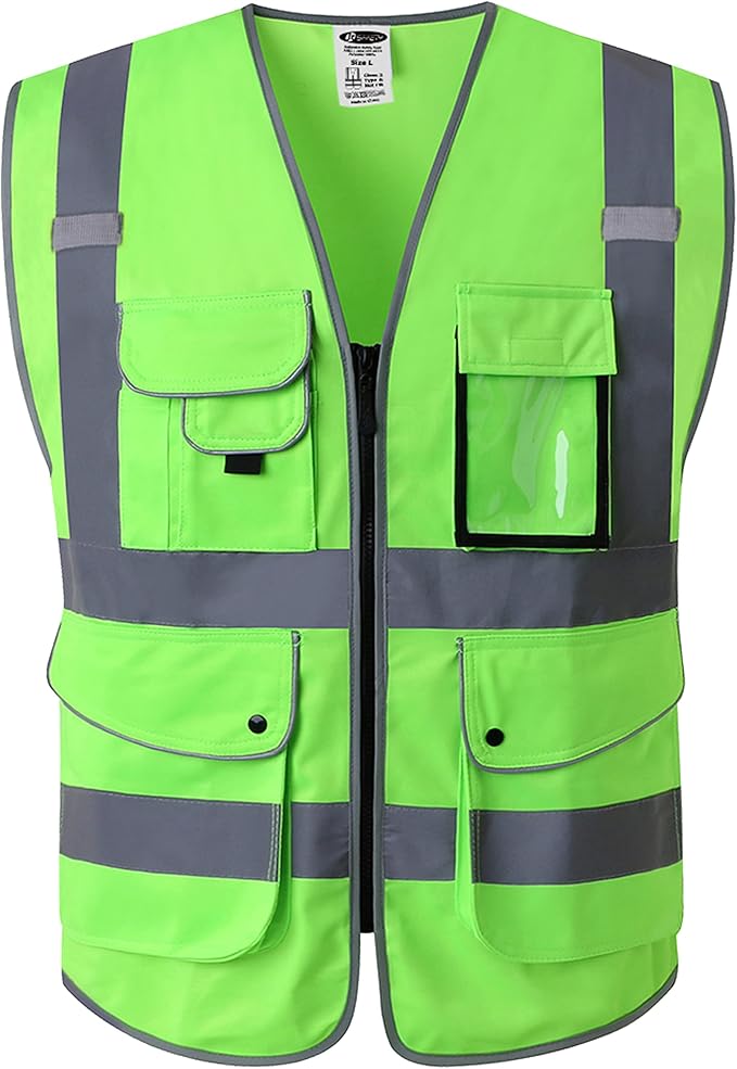 JKSafety 9 Pockets Class 2 High Visibility Zipper Front Safety Vest With Reflective Strips, Meets ANSI/ISEA Standards (150-Green, 4X-Large)