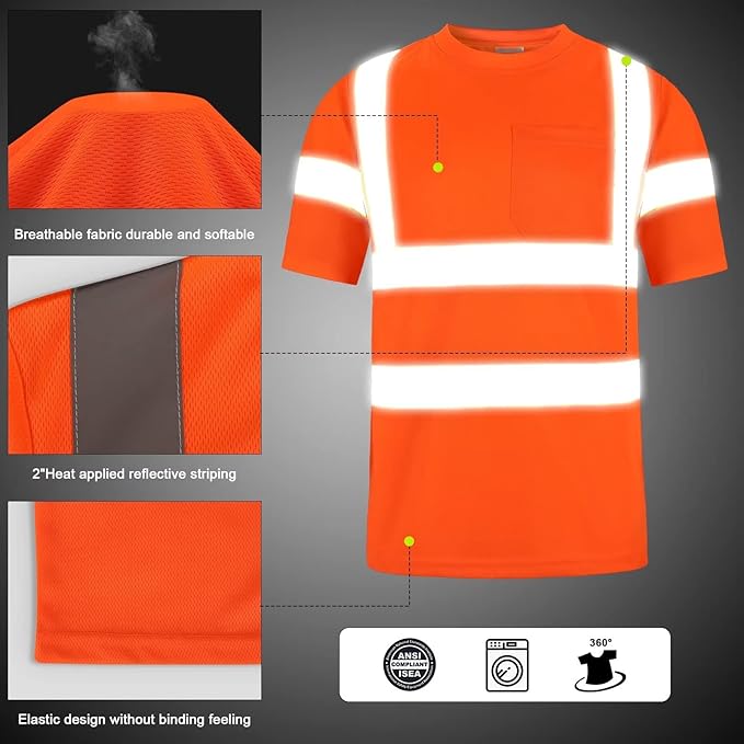 High Visibility Class 3 T Shirts，Hi Vis Safety Shirts with Reflective Strips and Pocket, Short Sleeve Quick Dry Mesh Construction Work Shirt for Men/Women Orange,5XL