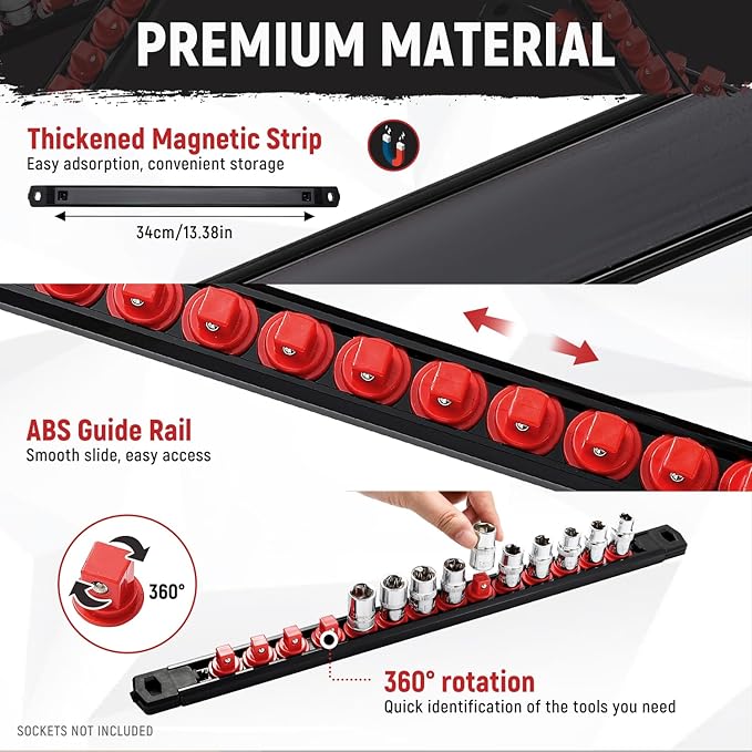 Magnetic Socket Organizer, 1-Piece Heavty Duty ABS Socket Holder, Socket Rail for Tool Box, Premium Quality 360° Swivel Socket Rack with 12 Clips for 1/2-Inch(Red)
