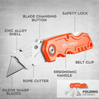 Box Cutter, 4-Pack Tough Folding Box Cutter for Heavy Duty Purpose, Razor Sharp Blade, Comfortable Handle, with Extra 10-Piece Blades, Can cut Drywall, Sheet Plastic, Linoleum, Boxes, Rope