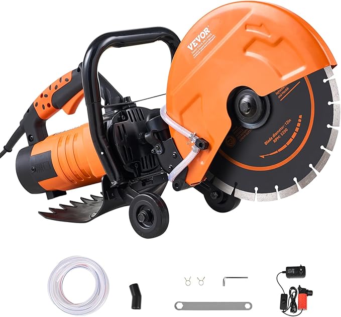 VEVOR Electric Concrete Saw, 12 in, 1800 W Motor Circular Saw Cutter with Max. 4.5 in Adjustable Cutting Depth, Wet Disk Saw Cutter Includes Water Line, Pump and Blade, for Stone, Brick