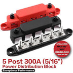 300A Bus Bar 5 Post 12V-48V DC Power Distribution Block,5 * 5/16"(M8) Battery Terminal Studs with Cover and Wire Lugs for Wiring,Automotive,Marine,Battery busbar (Red&Black)
