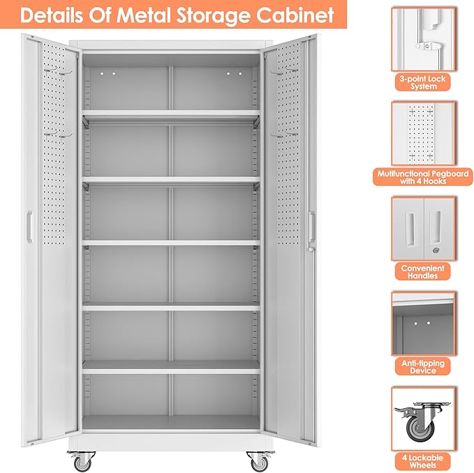 Metal Garage Storage Cabinet with Pegboard, 71''H*32" W*16" D Rolling Tool Cabinets on Wheels with 5 Adjustable Shelves for Garage Home Warehouse Utility Room, Assembly Required,White