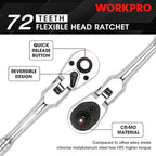 WORKPRO 3/8" Drive 72-Tooth Flex Head Ratchet with Chromium Plating Quick Release Reversible Design, 5 Degree Swing