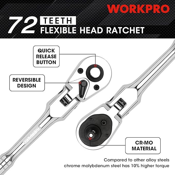 WORKPRO 3/8" Drive 72-Tooth Flex Head Ratchet with Chromium Plating Quick Release Reversible Design, 5 Degree Swing