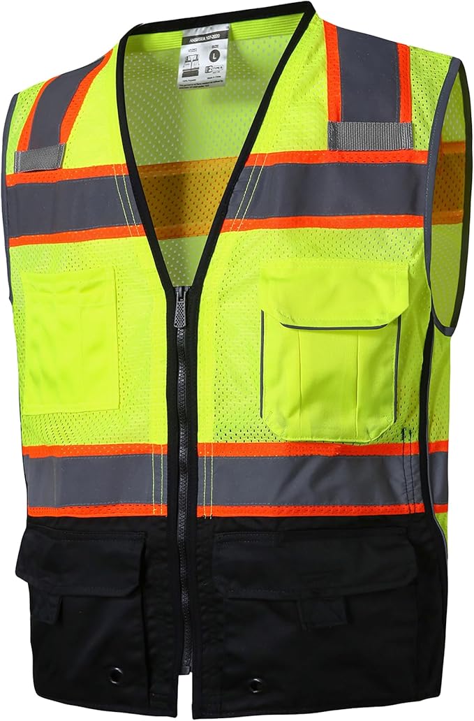 SKSAFETY 10 Pockets Hi Vis Safety Vest with Reflective Strips, ANSI/ISEA Standard, Class 2 High Vis Security Vest (Lime Black, M)