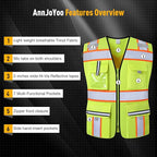 Class 2 Safety Vest with Zipper Front and multiple Pockets, High Visibility Vest, Meets ANSI/ISEA Standards