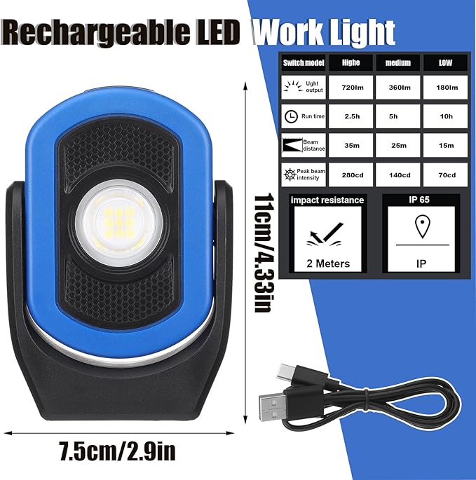 Retisee 3 Pcs 720 Lumens Magnetic Work Light USB Rechargeable LED Flashlight Portable Inspection Light for Car Repair Emergency Lighting Mechanics Workshop (Blue)