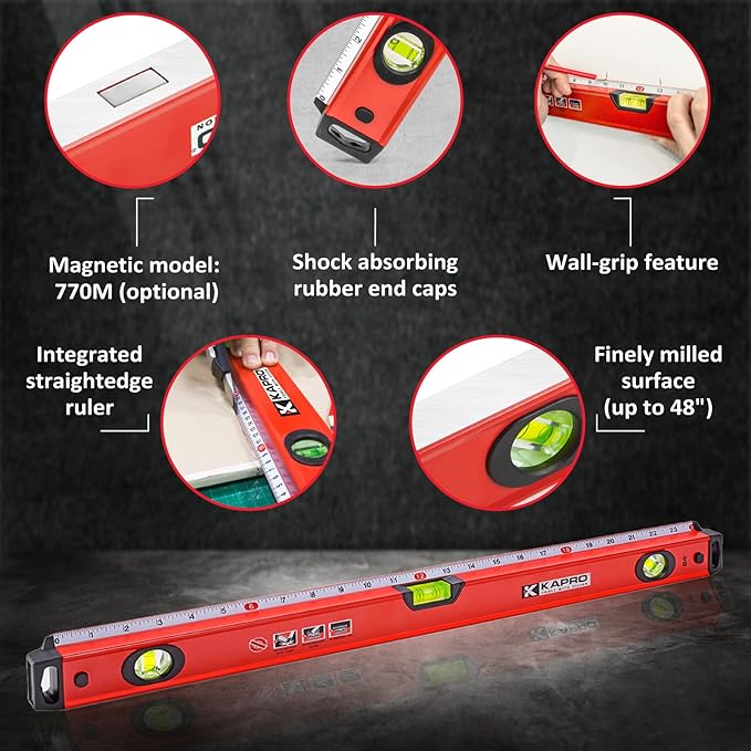 Kapro - 770 Exodus Professional Box Level - 48" - With 45° Vial & Ruler - For Leveling, Measuring, Marking, and Cutting - Features 3 Vials, Precise Straightedge, and Wall-Grip