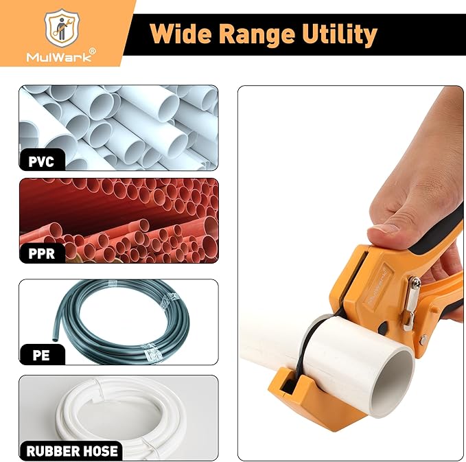 Mulwark PVC Pipe Cutter Tool Cuts up to 1-5/8", Heavy-Duty Aluminum Ratchet Cutter with Extra 3PC Teflon Tape and 1PC Blade for Cutting PVC, PPR, PE and Rubber Hose