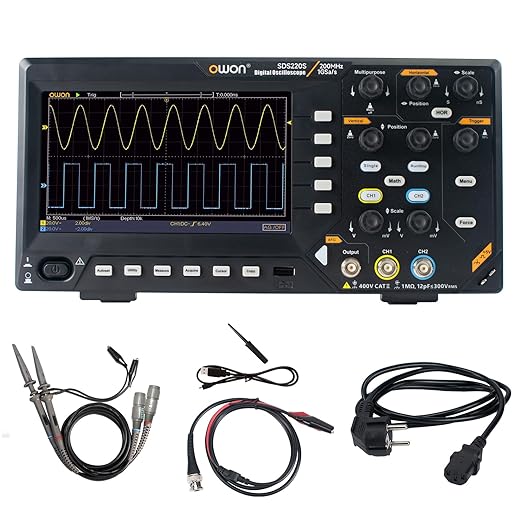 OWON Digital Oscilloscope with Dual-Channel Channels and Screen 7 inch, TFT-LCD Display, Portable Oscilloscope with 1GS/s Sampling Rate, Bandwidth 200MH,8K Waveform Length,SDS220S