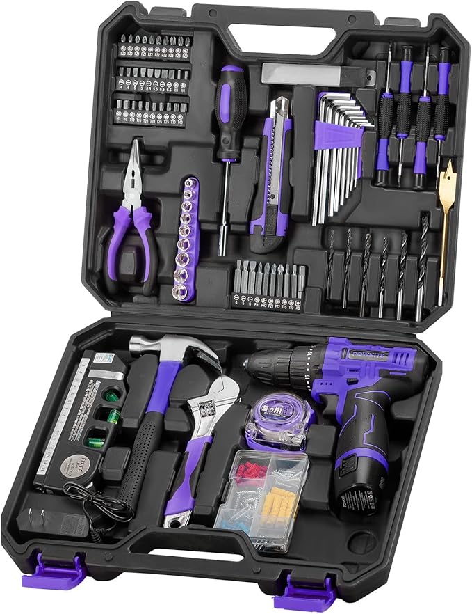 Drill Tool Kit: 12V Cordless Power Drill Home Tool Set 142 Piece, Purple