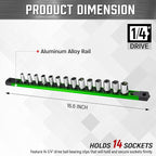 ALOANES 1/4-Inch Drive Magnetic Socket Organizer, Heavy Duty Aluminum Socket Rail Organizer, 360° Swivel Clips Socket Holder Kit for Tool Box, 1/4-Inch Socket Holder x 14 Clips (Green)