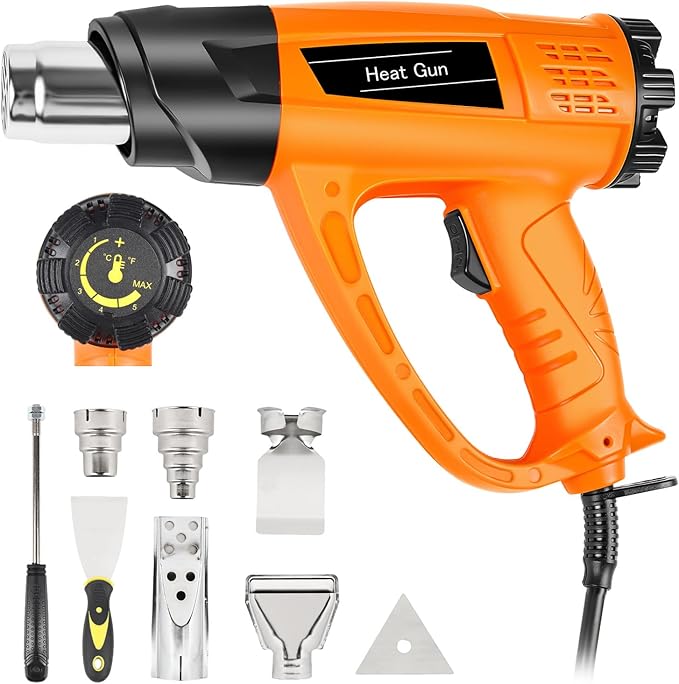 Heat Gun 1800W 140℉~1112℉ (60℃-600℃) Heavy Duty Fast Heating Hot Air Gun Kit Variable Temperature Control with Overheat Protection, 5 Nozzles for Crafts, Shrinking PVC, Stripping Paint, Vinyl Wrap