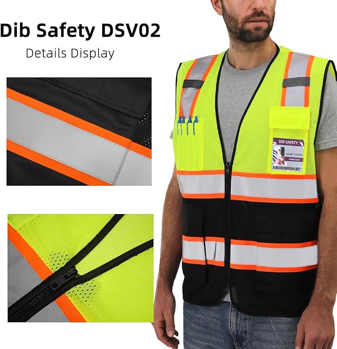 Dib Safety Reflective Mesh Vest High Visibility Two Tone with Pockets and Zipper, Yellow and Black Mesh with Orange Trim 3XL