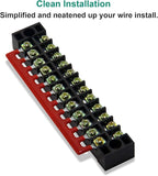 MILAPEAK Terminal Block and Strip - 5pcs 12 Positions 600V 15A Dual Row Screw Terminal Blocks with Cover + 10pcs 400V 15A 12 Positions Pre-Insulated Terminal Barrier Jumper Strips Black & Red