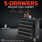 5-Drawer Rolling Tool Box, Metal Tool Chest with Wheels and Locking, Portable for Warehouse, Garage, Repair Shop, Workshop (Black, 5-Drawer)