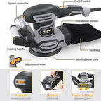 3.8A(450W) Orbital Sander, Jellas 6 Variable Speeds Double Handle Random Orbit Sander, 5-Inch Electric Sander with 18pcs Sandpapers, Dust Collector, Ideal Power Sander for Woodworking(OS450)