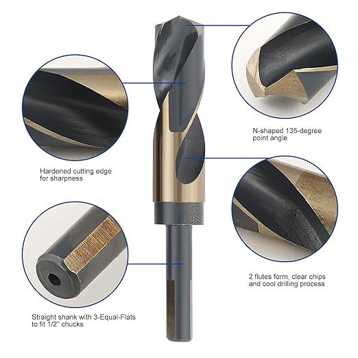 COMOWARE Reduced Shank Drill Bit Set, 8 Sizes from 9/16" to 1", HSS M2, Black & Gold Drill Bit with 3-Flat 1/2" Shank, 135° Split Point, Drills Bits for Metal/Plastic/Wood, with Storage case