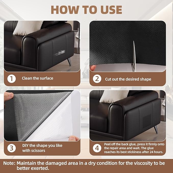 Leather Repair Patch, Strong Sticky Repair Patch Self Adhesive Waterproof, DIY Large Leather Patches for Couches, Furniture, Sofa, Car, Chair (Black, 3.5X79 inch)