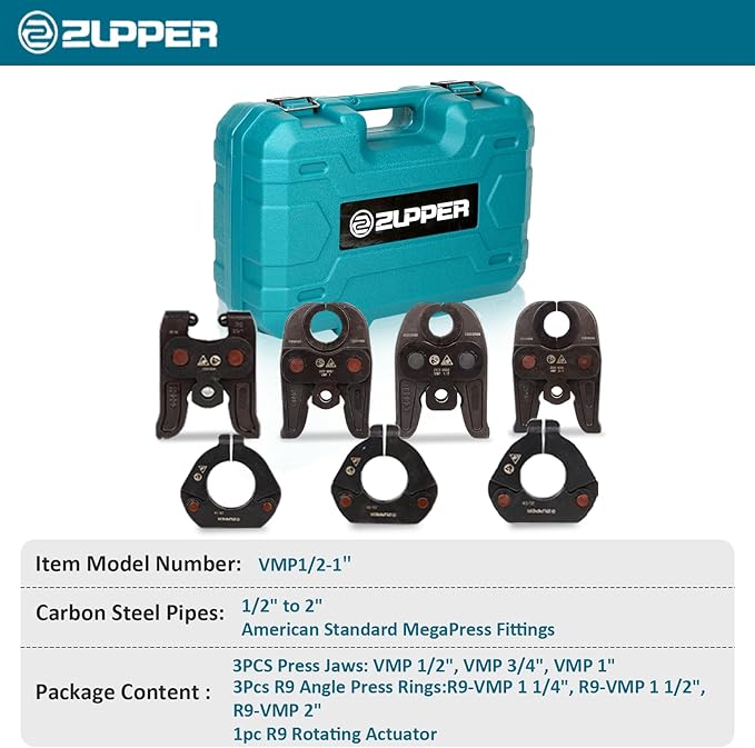 7PCS MegaPress Pressing Kit 1/2”-2” with 3PCS Pressing Jaws,3PCS Press Rings, 1PC Actuator for Carbon Steel Pipes Compatible with Standard Pressing Tools