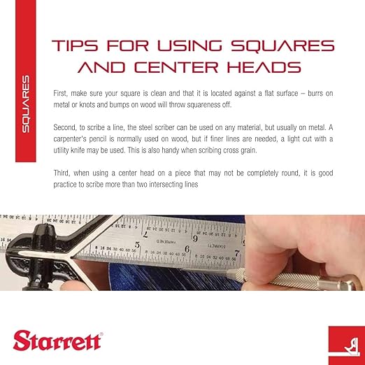 Starrett Steel Combination Square with Square Head and Center Head - 12" Blade Length, Hardened Steel, Reversible Lock Bolt, Scriber, Spirit Level, 4R Graduation Type -11HC-12-4R