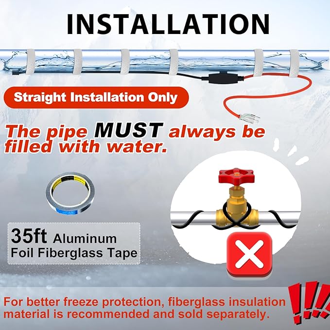 HEATIT Heat Tape Electric Heating Cable Automatic Heat Tape Pipe Freeze Protected Heated Cable 12 Feet