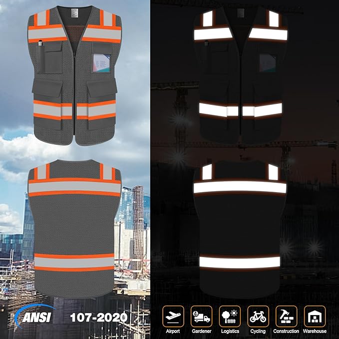 TCCFCCT Safety Vest for Men Women 5 Pockets Mesh High Visibility Reflective Vest with Reinforced Zipper, Durable Construction Work Vest with Fluorescent Orange Edge, Meets ANSI/ISEA, DW-Grey, L