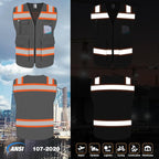TCCFCCT High Visibility Vest 5 Pockets Mesh Reflective Safety Vest with Zipper, Hi Vis Construction Work Vest for Men Women, with Fluorescent Orange Edge, Durable to Use, Meets ANSI/ISEA, DW-Grey, M