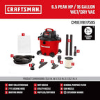 CRAFTSMAN CMXEVBE17595 16 Gallon 6.5 Peak HP Wet/Dry Vac, Heavy-Duty Shop Vacuum with Muffler Diffuser and Dusting Brush