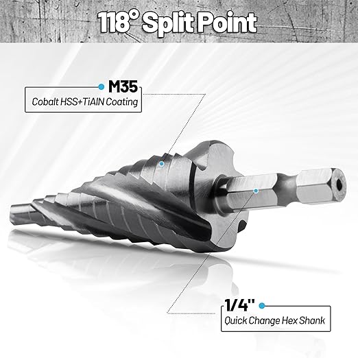 Cobalt M35 Step Drill Bit 3/16" to 7/8", TiAlN Coating 4 Spiral Flute Step Bit for Stainless Steel, Metal, Aluminum, Plastic