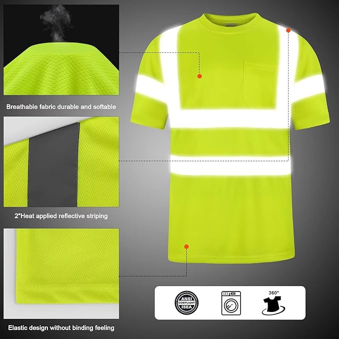 High Visibility Class 3 T Shirts，Hi Vis Safety Shirts with Reflective Strips and Pocket, Short Sleeve Quick Dry Mesh Construction Work Shirt for Men/Women Lime,XL
