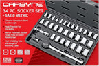 CARBYNE 1/4" & 3/8" Drive Socket & Ratchet Set - 34 Piece | SAE & Metric. Includes Metric 6 to 18mm, SAE 5/32" to 3/4". 6 & 12 Point. Cr-V Steel • From a Family-Run Tool Company Based in the U.S.A.