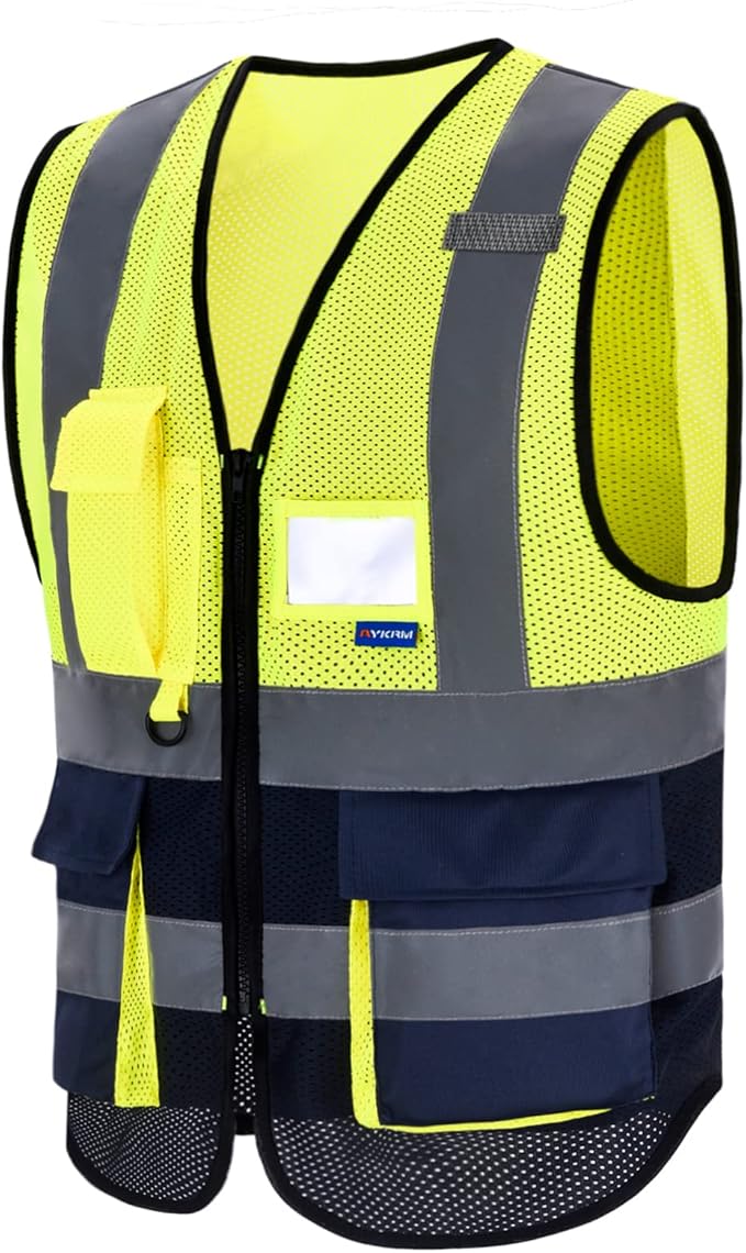 A-SAFETY High Visibility Mesh Safety Reflective Vest with Pockets and Zipper,Hi Vis Viz Reflective Safety Vest(Yellow&Navy Mesh M)