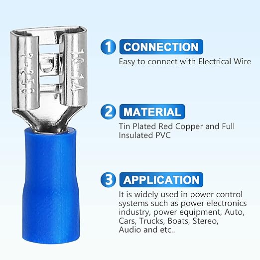 200 Pcs Female Quick disconnects Vinyl Insulated Spade Wire Connectors, Blue Electrical Crimp Terminal 16-14 AWG (6.3mm)