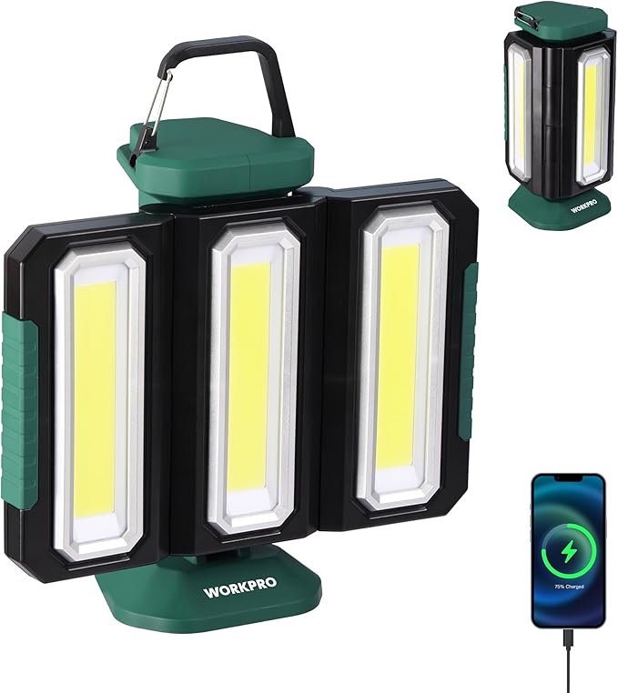 WORKPRO Rechargeable USB-C LED Work Light, Foldable Magnetic Light with Hanging Hook, 270° Rotatable, Tripod Mountable, Cordless Flashlight Light for Garage, Workshop, Auto Repair, Camping