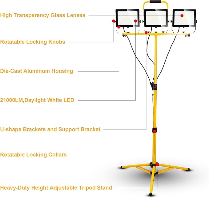 30000 Lumen Work Lights with Stand, 300W Three Head LED Work Light, Waterproof Lamp with Individual Switch, Adjustable Metal Telescoping Tripod