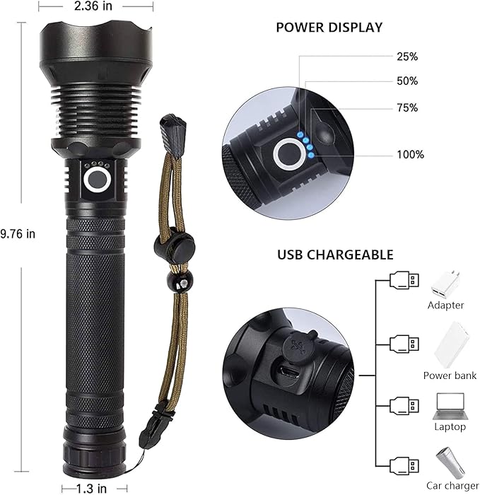 Rechargeable LED Flashlights High Lumens, 90,000 Lumens Super Bright Flashlight with 5 Modes & Waterproof, Powerful Handheld Flashlight for Camping Emergencies