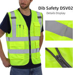 Dib Safety Vest Reflective ANSI Class 2, High Visibility Vest with Pockets and Zipper, Construction Work Vest Hi Vis Yellow 2XL