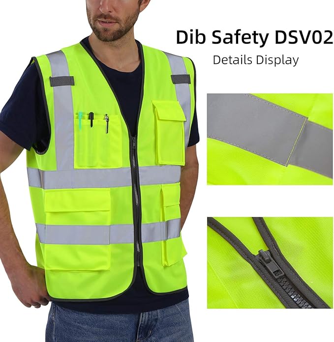 Dib Safety Vest Reflective ANSI Class 2, High Visibility Vest with Pockets and Zipper, Construction Work Vest Hi Vis Yellow S