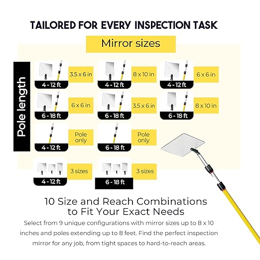Inspection Mirror - Telescoping Heavy Duty, Lightweight & Durable, 6 ft - 18 ft Pole, 3 Size Acrylic Mirror